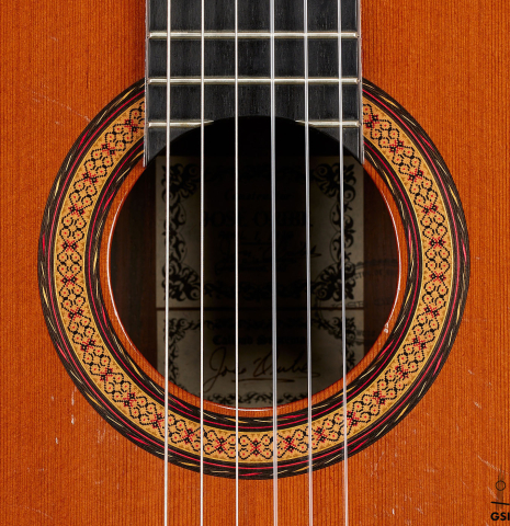 The rosette of a 1977 Jose Oribe "Calidad Suprema" classical guitar made of cedar and CSA rosewood