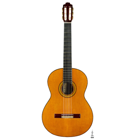 The front of a 1985 Jose Oribe "Calidad Suprema" classical guitar made of cedar and CSA rosewood