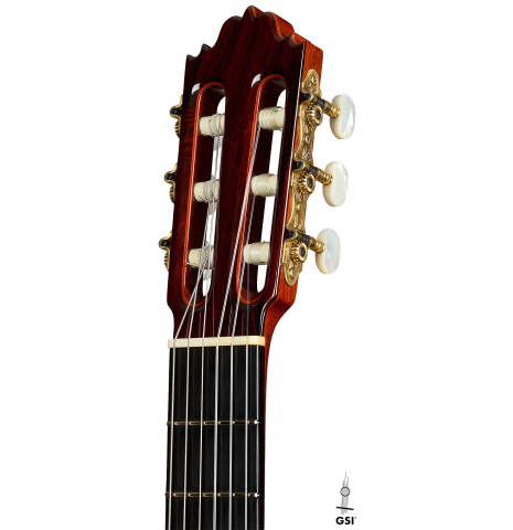 The headstock of a 1985 Jose Oribe "Calidad Suprema" classical guitar made of cedar and CSA rosewood