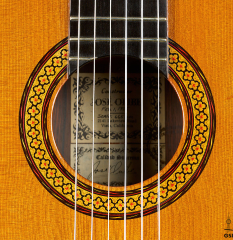 The rosette of a 1985 Jose Oribe "Calidad Suprema" classical guitar made of cedar and CSA rosewood