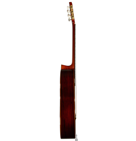 The side of a 1985 Jose Oribe "Calidad Suprema" classical guitar made of cedar and CSA rosewood