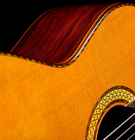 The soundboard and side of a 1985 Jose Oribe "Calidad Suprema" classical guitar made of cedar and CSA rosewood