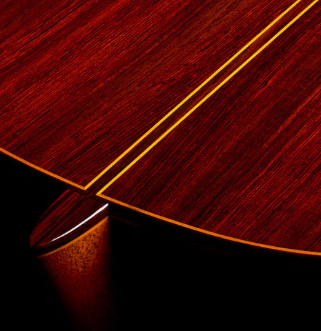 The heel, back binding and purfling of a 1987 Jose Oribe "Gran Suprema" (ex Scott Tennant) classical guitar made of cedar and CSA rosewood