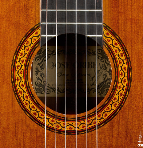 The rosette of a 1987 Jose Oribe "Gran Suprema" (ex Scott Tennant) classical guitar made of cedar and CSA rosewood