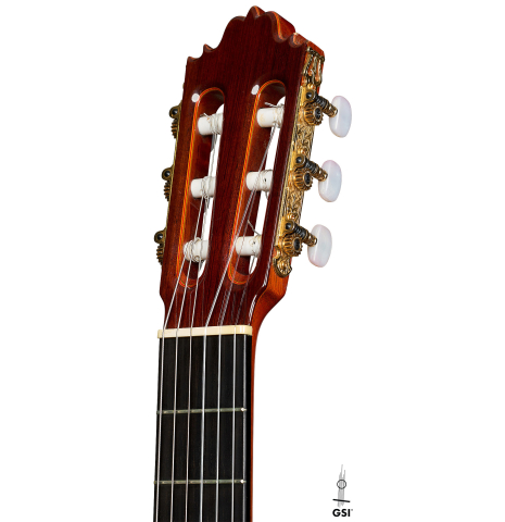The headstock of a 1987 Jose Oribe "Gran Suprema" (ex Scott Tennant) classical guitar made of cedar and CSA rosewood