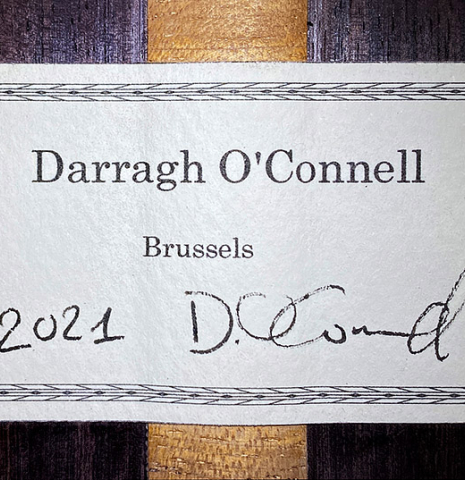 The label of a 2021 Darragh O'Connell classical guitar made of cedar and Indian rosewood