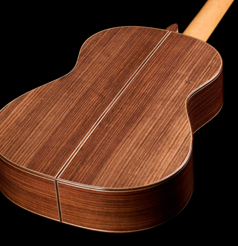The back and sides of a 2021 Darragh O'Connell classical guitar made of cedar and Indian rosewood