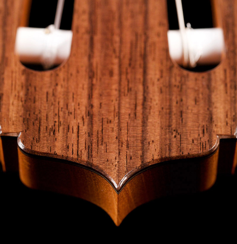 The headstock of a 2021 Darragh O'Connell classical guitar made of cedar and Indian rosewood