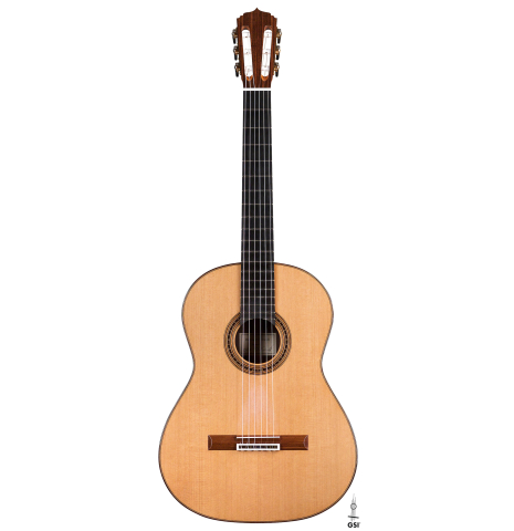 The front of a 2021 Darragh O'Connell classical guitar made of cedar and Indian rosewood