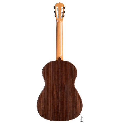 The back of a 2021 Darragh O'Connell classical guitar made of cedar and Indian rosewood