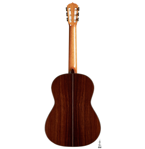 The back of a 2023 Darragh O'Connell classical guitar made of cedar and Indian rosewood