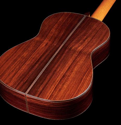 The back and sides of a 2023 Darragh O'Connell classical guitar made of cedar and Indian rosewood