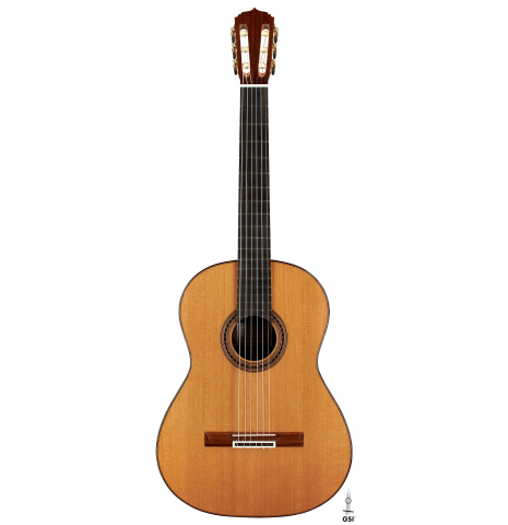 The front of a 2023 Darragh O'Connell classical guitar made of cedar and Indian rosewood