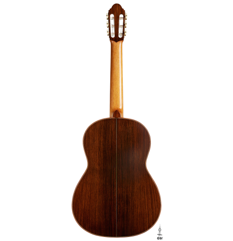 The back of a 2017 David Pace "Double-Top SP/SP" classical guitar made of Sitka spruce and Indian rosewood
