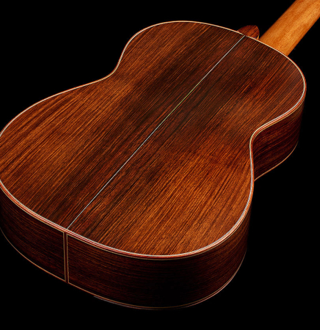 The back and sides of a 2017 David Pace "Double-Top SP/SP" classical guitar made of Sitka spruce and Indian rosewood