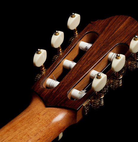 The back of the headstock of a 2017 David Pace "Double-Top SP/SP" classical guitar made of Sitka spruce and Indian rosewood