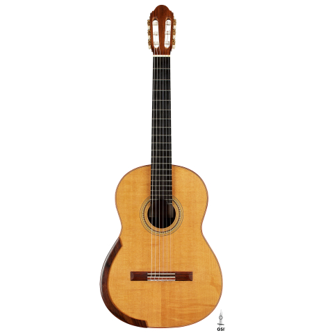 The front of a 2017 David Pace "Double-Top SP/SP" classical guitar made of Sitka spruce and Indian rosewood