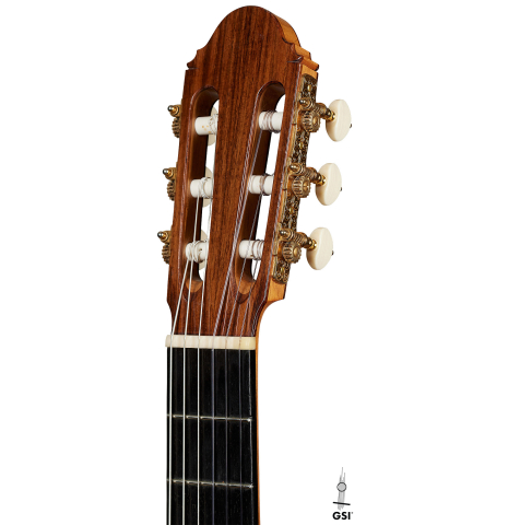 The headstock of a David Pace "Double-Top SP/SP" classical guitar made of Sitka spruce and Indian rosewood