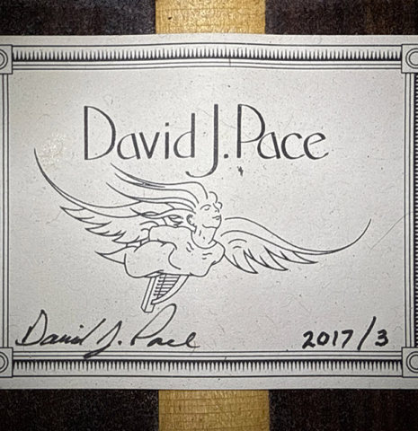 The label of a 2017 David Pace "Double-Top SP/SP" classical guitar made of Sitka spruce and Indian rosewood