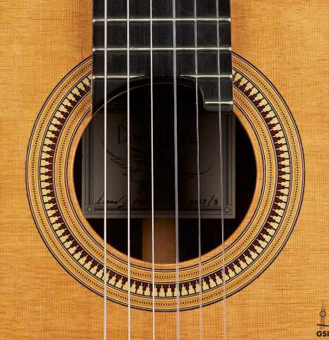 The rosette of a 2017 David Pace "Double-Top SP/SP" classical guitar made of Sitka spruce and Indian rosewood