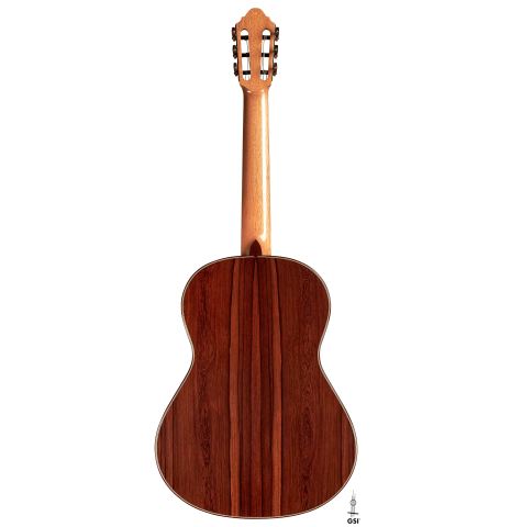 This is the back of a 2023 Alexis Parducci classical guitar made with spruce and African rosewood.