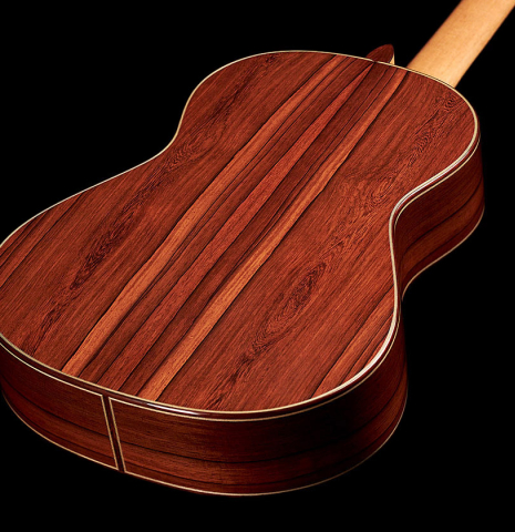 This is the back and sides of a 2023 Alexis Parducci classical guitar made with spruce and African rosewood.