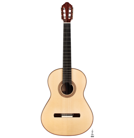 This is the front of a 2023 Alexis Parducci classical guitar made with spruce and African rosewood.