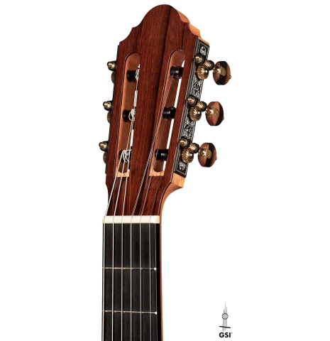 This is the headstock of a 2023 Alexis Parducci classical guitar made with spruce and African rosewood.