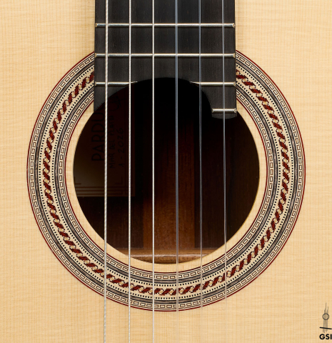 The rosette of a 2026 Alexis Parducci classical guitar made of spruce and African rosewood