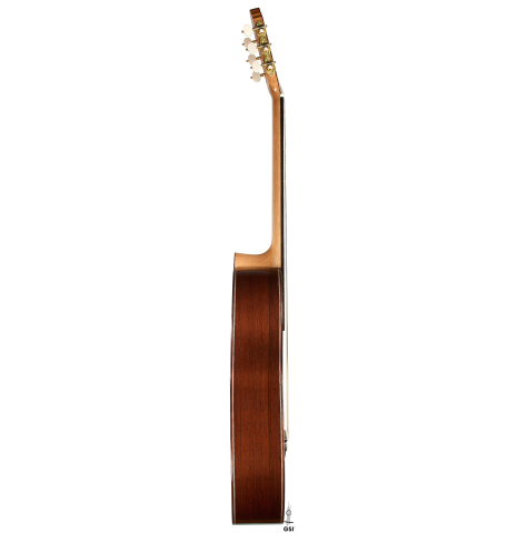 The side of a 2026 Alexis Parducci classical guitar made of spruce and African rosewood