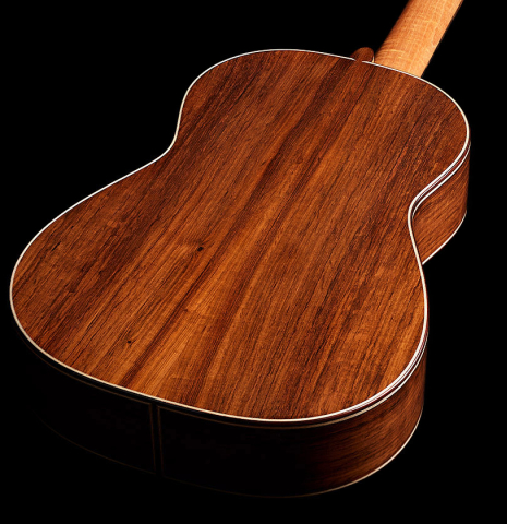 The back and sides of a 2024 Alexis Parducci "Llobet" classical guitar made of spruce and CSA rosewood