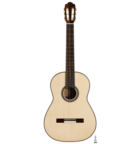 The front of a 2024 Alexis Parducci "Llobet" classical guitar made of spruce and CSA rosewood