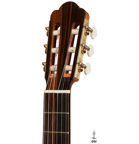 The headstock of a 2024 Alexis Parducci "Llobet" classical guitar made of spruce and CSA rosewood