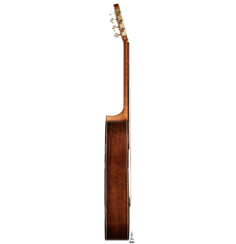 The side of a 2024 Alexis Parducci "Llobet" classical guitar made of spruce and CSA rosewood