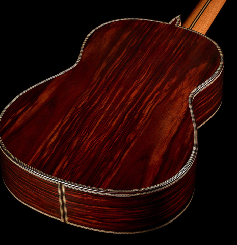 The back and sides of a 2026 Teodoro Perez "Especial - Bois de Rose" classical guitar made of cedar and African rosewood