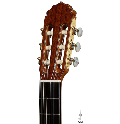 The headstock of a 2026 Teodoro Perez "Especial - Bois de Rose" classical guitar made of cedar and African rosewood