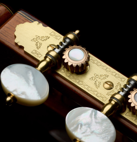 The headstock and tuning machines of a 2026 Teodoro Perez "Especial - Bois de Rose" classical guitar made of cedar and African rosewood