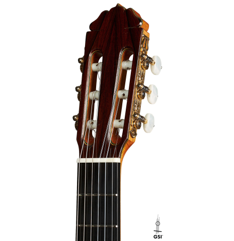 The headstock of a 2010 Teodoro Perez "Especial" classical guitar made of spruce and CSA rosewood
