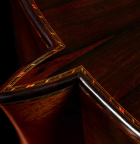 The heel and back purlfing inlays of a 2010 Teodoro Perez "Especial" classical guitar made of spruce and CSA rosewood