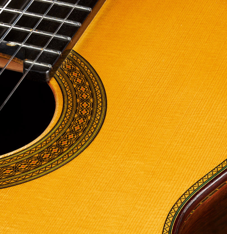 The soundboard and rosette of a 2010 Teodoro Perez "Especial" classical guitar made of spruce and CSA rosewood