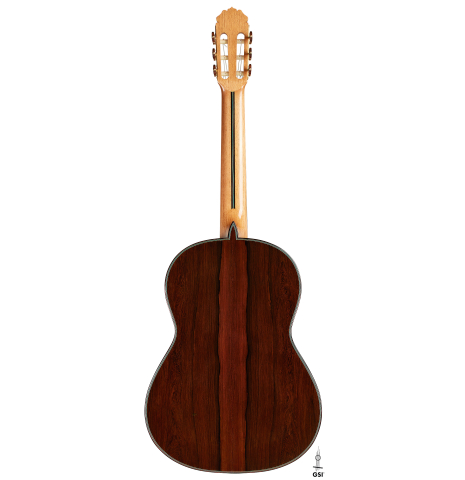 The back of a 2024 Teodoro Perez "Maestro" classical guitar made of cedar and African rosewood