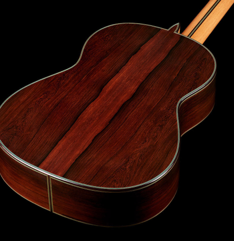 The back and sides of a 2024 Teodoro Perez "Maestro" classical guitar made of cedar and African rosewood