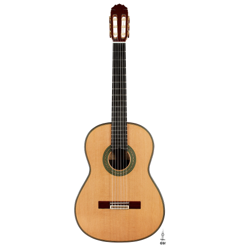 The front of a 2024 Teodoro Perez "Maestro" classical guitar made of cedar and African rosewood
