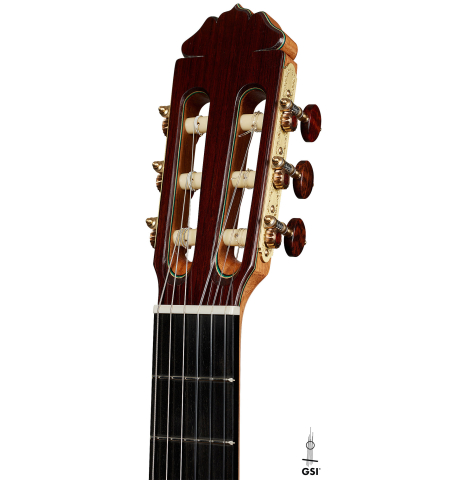The headstock of a 2024 Teodoro Perez "Maestro" classical guitar made of cedar and African rosewood