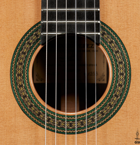The rosette of a 2024 Teodoro Perez "Maestro" classical guitar made of cedar and African rosewood