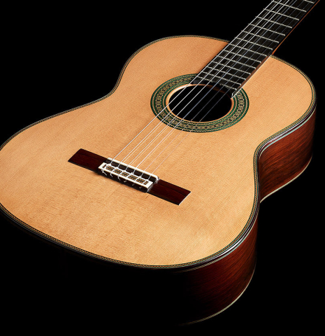 The soundboard of a 2024 Teodoro Perez "Maestro" classical guitar made of cedar and African rosewood