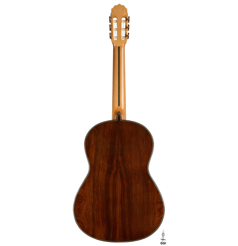 The back of a 2025 Teodoro Perez "Maestro" classical guitar made of cedar and African rosewood