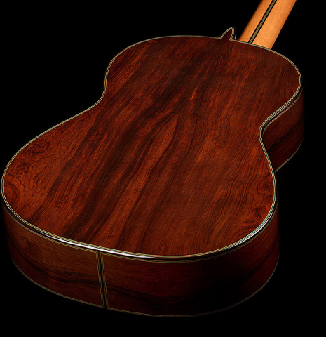 The back and sides of a 2025 Teodoro Perez "Maestro" classical guitar made of cedar and African rosewood