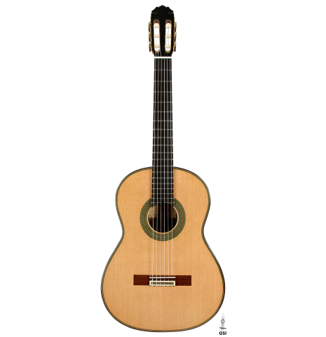 The front of a 2025 Teodoro Perez "Maestro" classical guitar made of cedar and African rosewood