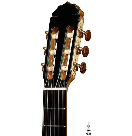 The headstock of a 2025 Teodoro Perez "Maestro" classical guitar made of cedar and African rosewood